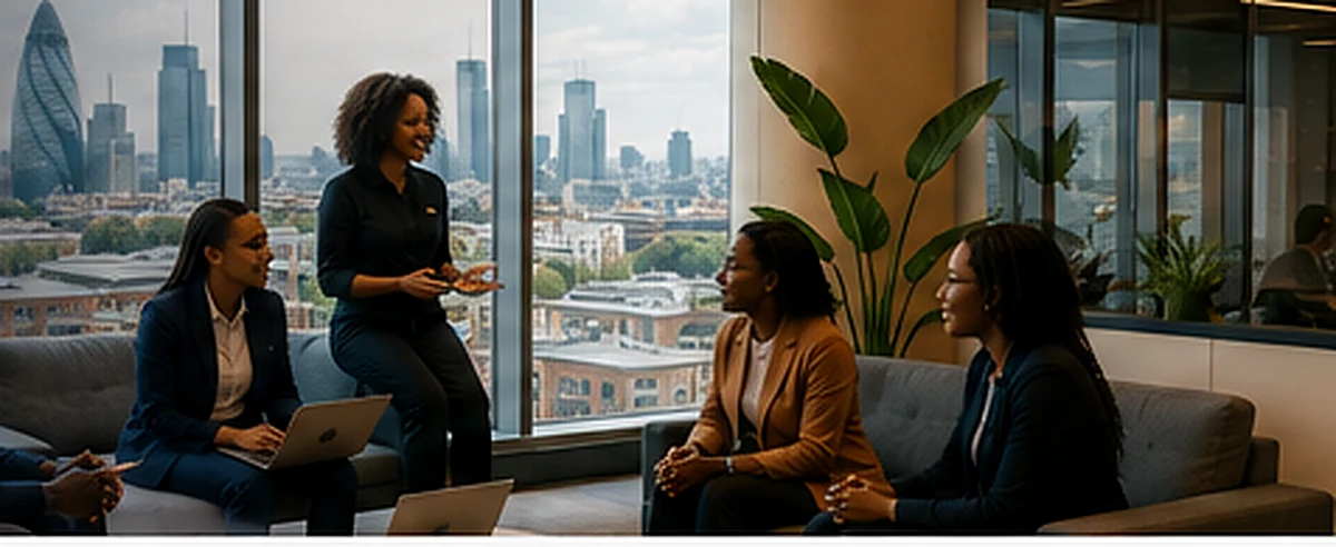Business and technology professionals collaborating in a modern meeting